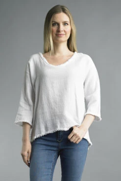 Trimmed Linen Top -Fashion Shoe Store 27352 WHITE l